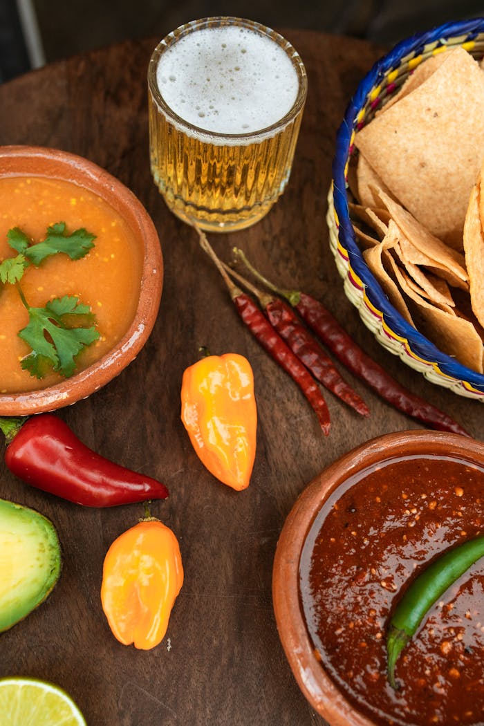A vibrant display of Mexican dishes featuring salsa, chili, and beer.